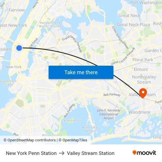 New York Penn Station to Valley Stream Station map