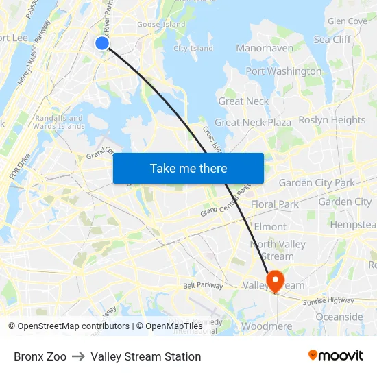 Bronx Zoo to Valley Stream Station map