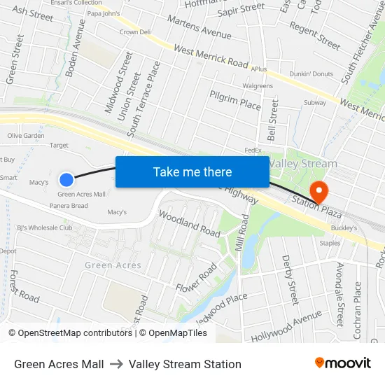 Green Acres Mall to Valley Stream Station map
