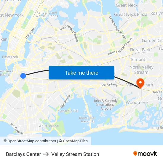 Barclays Center to Valley Stream Station map