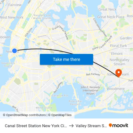 Canal Street Station New York City Subway to Valley Stream Station map