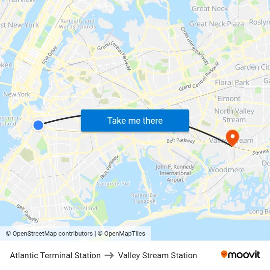 Atlantic Terminal Station to Valley Stream Station map