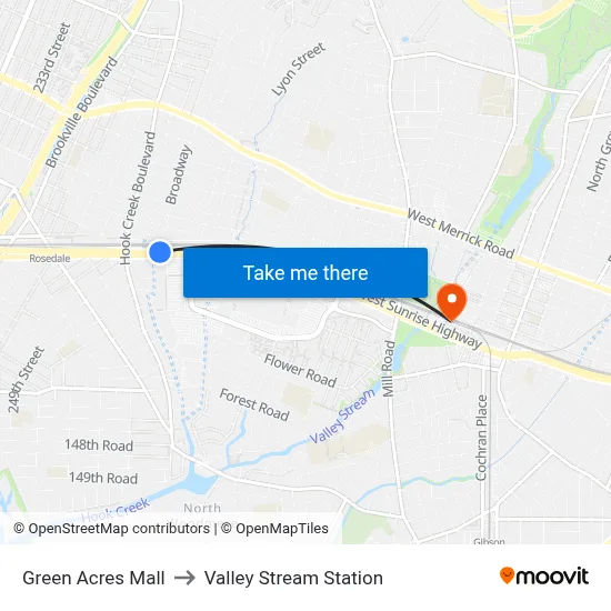 Green Acres Mall to Valley Stream Station map