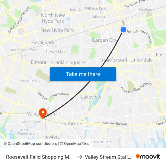 Roosevelt Feild Shopping Mall, 630 Old Country Rd to Valley Stream Station map