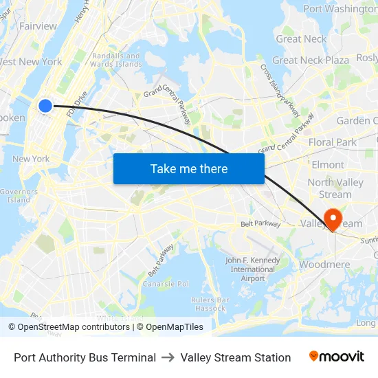Port Authority Bus Terminal to Valley Stream Station map