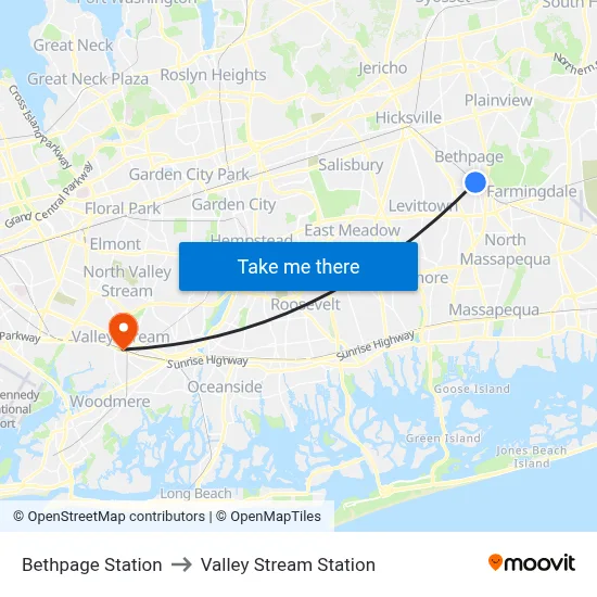 Bethpage Station to Valley Stream Station map