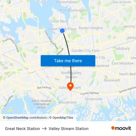 Great Neck Station to Valley Stream Station map