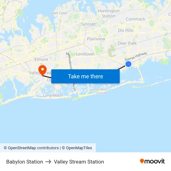 Babylon Station to Valley Stream Station map