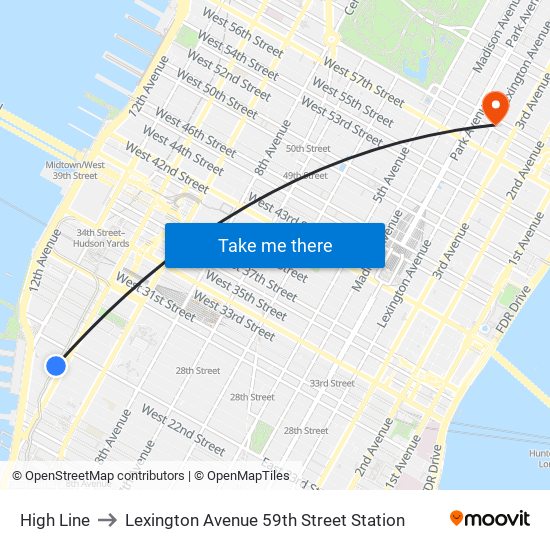 High Line to Lexington Avenue 59th Street Station map