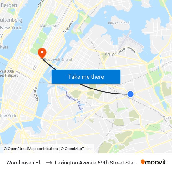 Woodhaven Blvd to Lexington Avenue 59th Street Station map