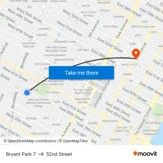 Bryant Park 7 to 52nd Street map