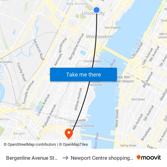 Bergenline Avenue Station to Newport Centre shopping mall map