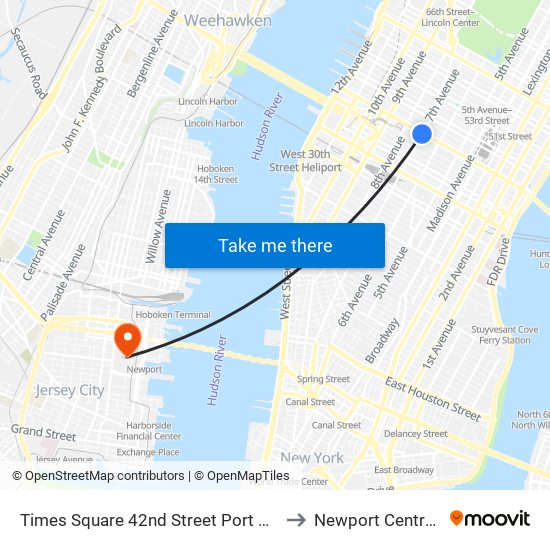 Times Square 42nd Street Port Authority Bus Terminal Station to Newport Centre shopping mall map