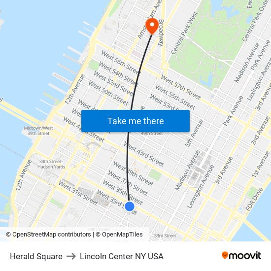 Herald Square to Lincoln Center NY USA map