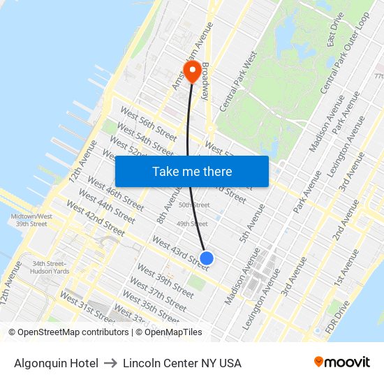 Algonquin Hotel to Lincoln Center NY USA map