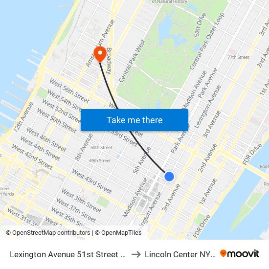 Lexington Avenue 51st Street Station to Lincoln Center NY USA map