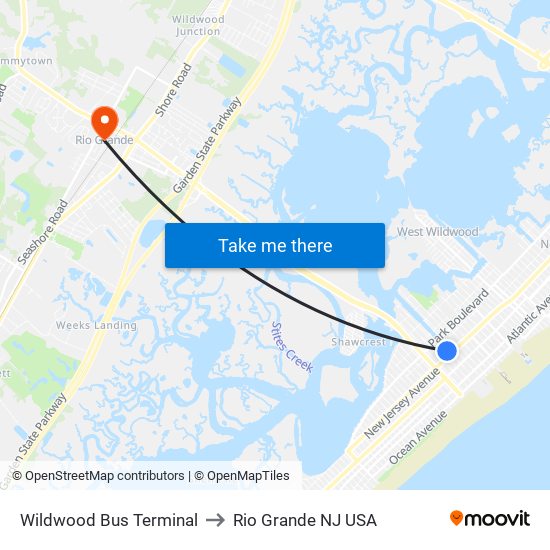 Wildwood Bus Terminal to Rio Grande NJ USA map