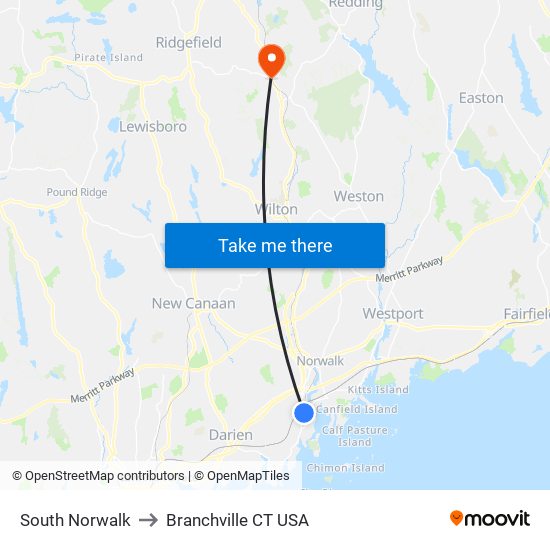 South Norwalk to Branchville CT USA map