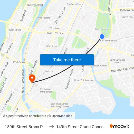 180th Street Bronx Park Station to 149th Street Grand Concourse Station map