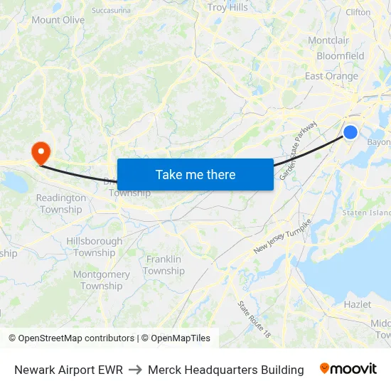 Newark Airport EWR to Merck Headquarters Building map