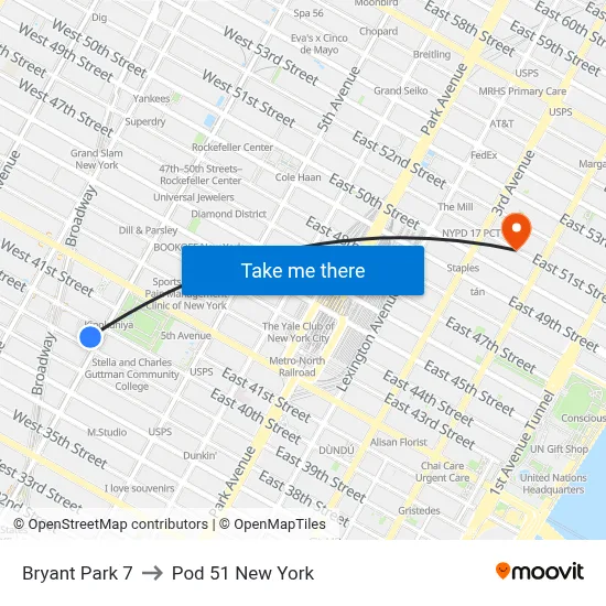 Bryant Park 7 to Pod 51 New York map