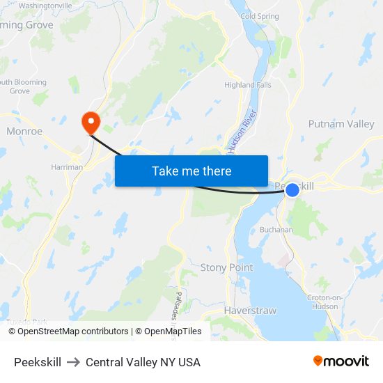 Peekskill to Central Valley NY USA map
