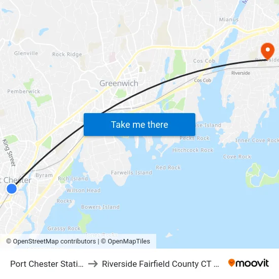 Port Chester Station to Riverside Fairfield County CT USA map