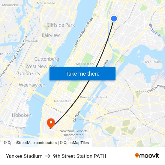 Yankee Stadium to 9th Street Station PATH map