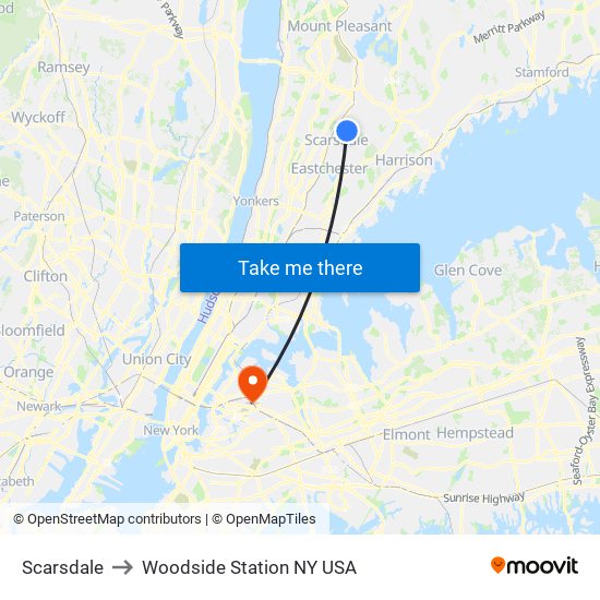 Scarsdale to Woodside Station NY USA map