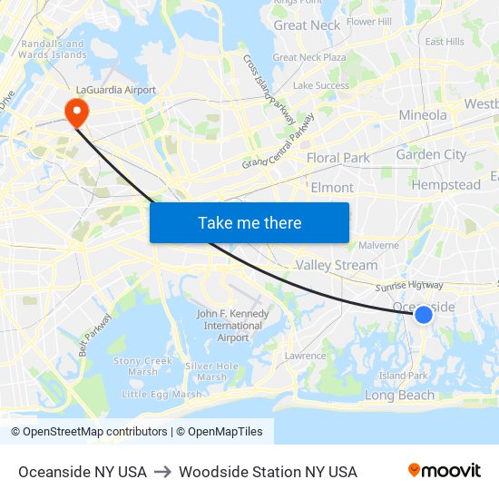 Oceanside NY USA to Woodside Station NY USA map