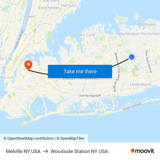 Melville NY USA to Woodside Station NY USA map