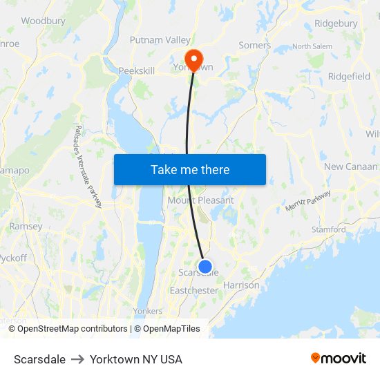 Scarsdale to Yorktown NY USA map