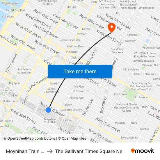 Moynihan Train Hall to The Gallivant Times Square New York map