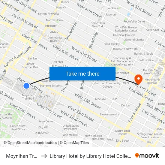Moynihan Train Hall to Library Hotel by Library Hotel Collection New York map