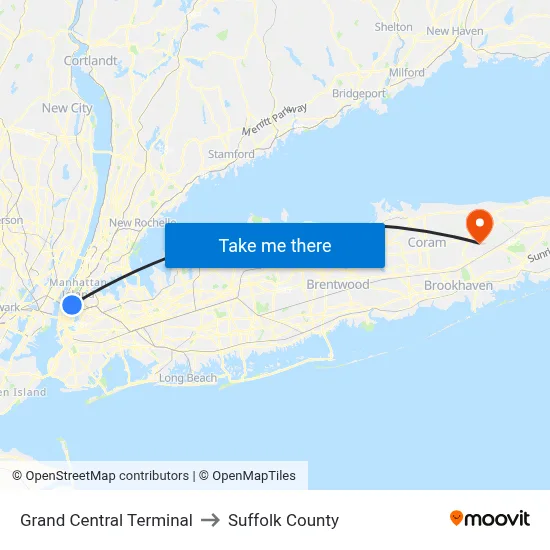 Grand Central Terminal to Suffolk County map