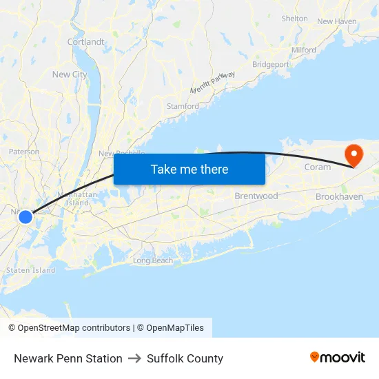 Newark Penn Station to Suffolk County map