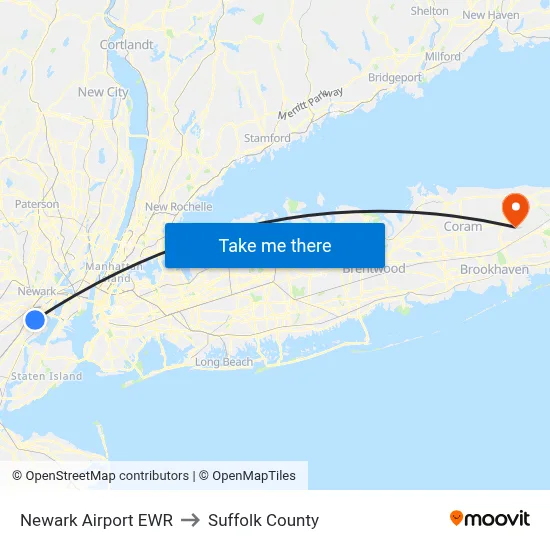 Newark Airport EWR to Suffolk County map