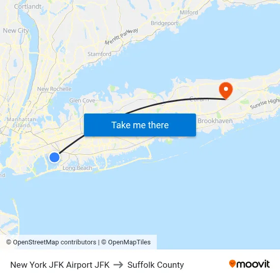 New York JFK Airport JFK to Suffolk County map