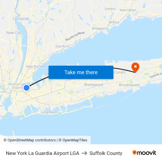 New York La Guardia Airport LGA to Suffolk County map
