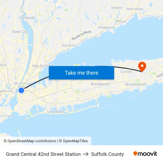 Grand Central 42nd Street Station to Suffolk County map