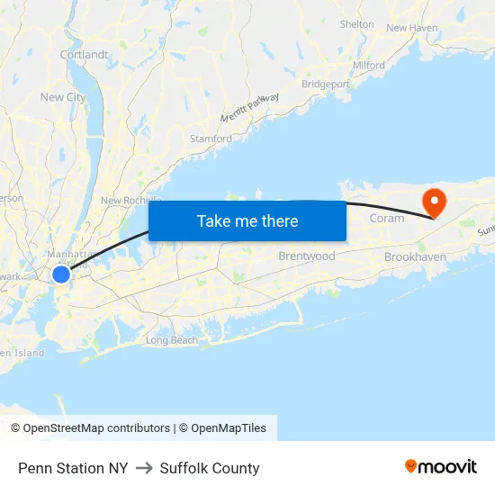 Penn Station NY to Suffolk County map