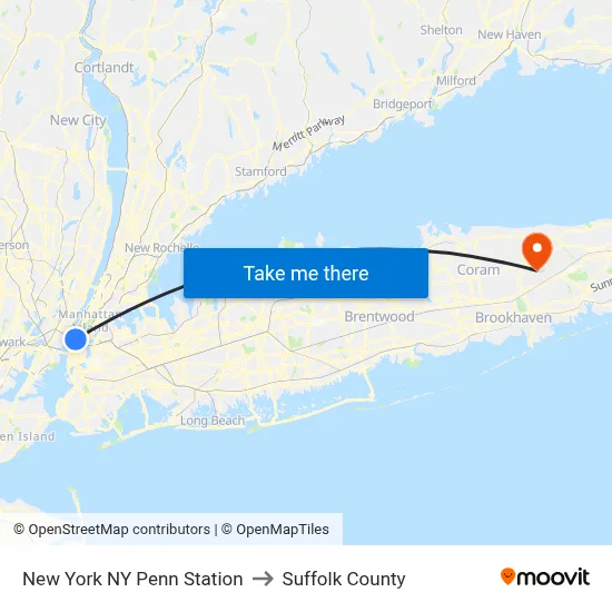 New York NY Penn Station to Suffolk County map