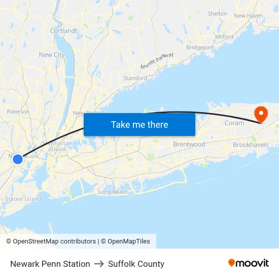 Newark Penn Station to Suffolk County map