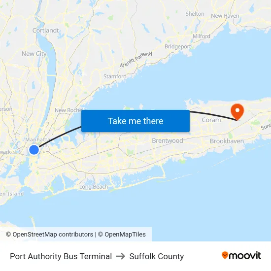 Port Authority Bus Terminal to Suffolk County map