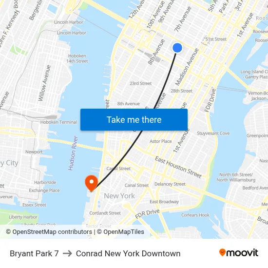Bryant Park 7 to Conrad New York Downtown map
