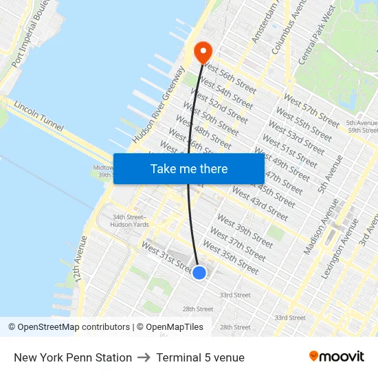 New York Penn Station to Terminal 5 venue map