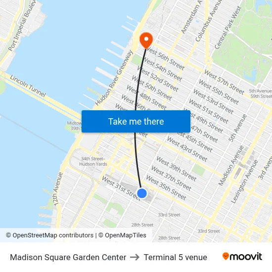 Madison Square Garden Center to Terminal 5 venue map