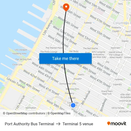 Port Authority Bus Terminal to Terminal 5 venue map