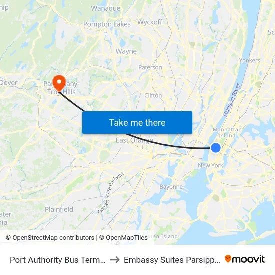 Port Authority Bus Terminal to Embassy Suites Parsippany map