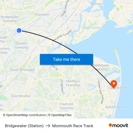 Bridgewater (Station) to Monmouth Race Track map